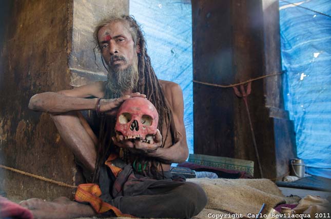 A Aghori Sadhu in the almshouse with an human skull: an iconic a